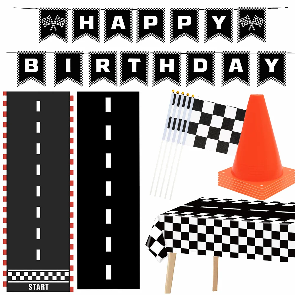 Color: DEEP BLUE - Race Car Party Decoration 2M Table Runner Traffic Cones and Racing Checkered Flags Checkered Race Car Party Tablecloths