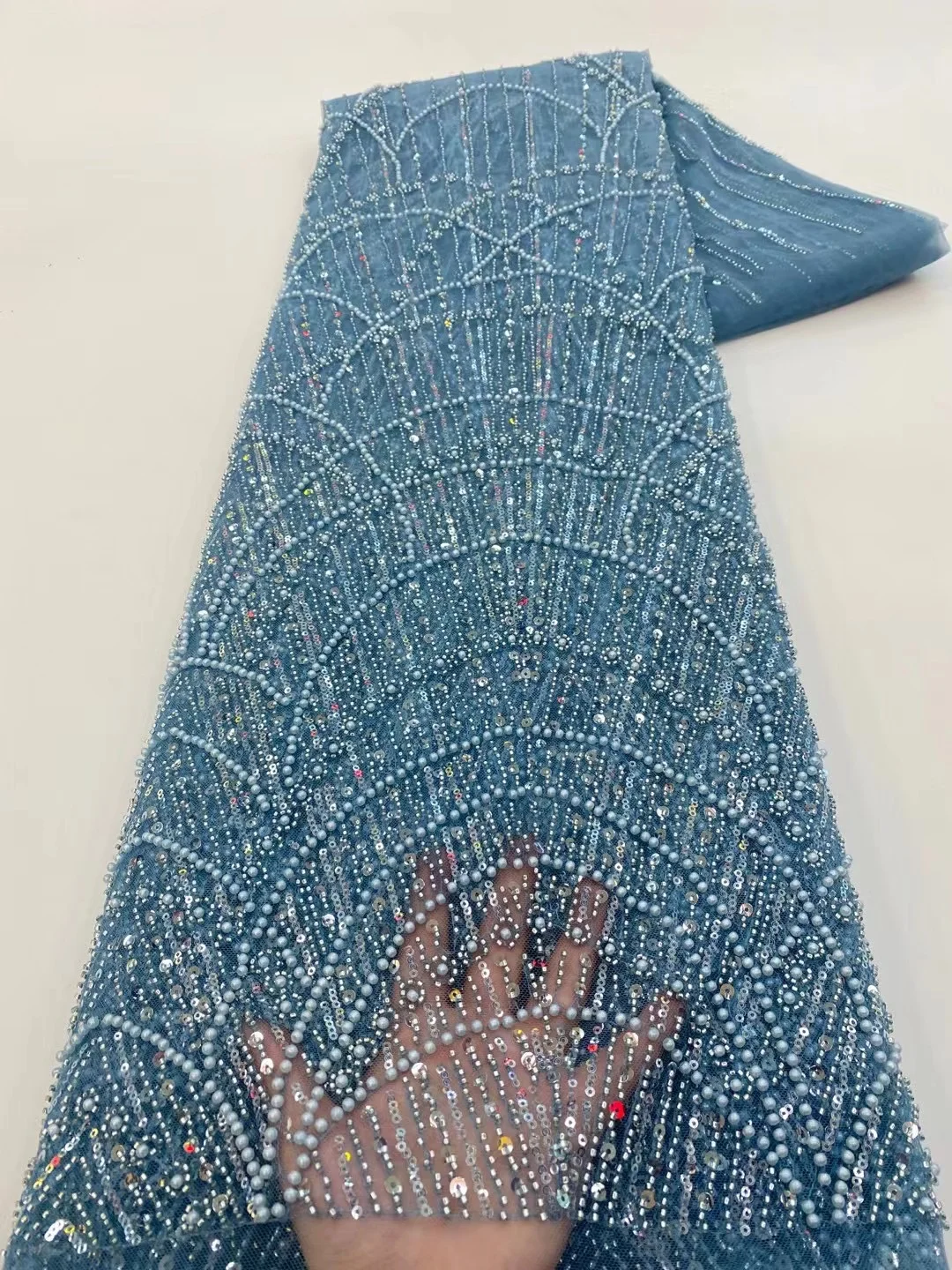 Color: SKY BLUE, Width: 120cm, Length: 5 yards - Wholesale African Sequins Lace Fabric  French Embroidery High Quality Luxury Heavy Beaded Bridal Wedding Lace 5 yards