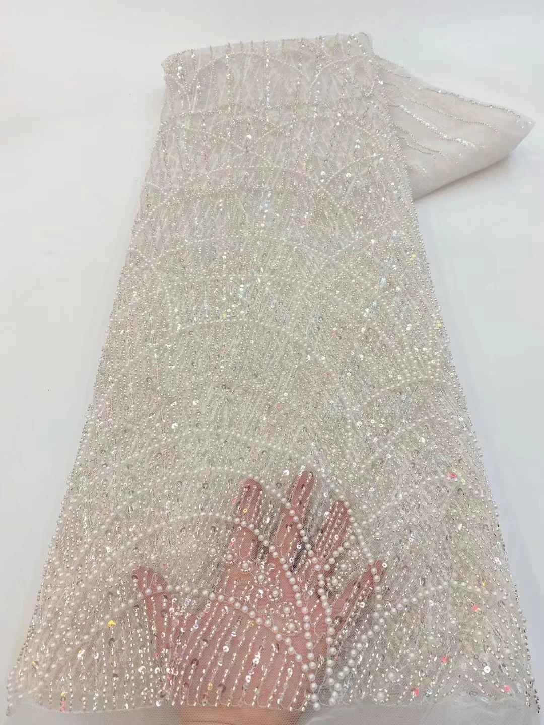 Color: SKY BLUE, Width: 120cm, Length: 5 yards - Wholesale African Sequins Lace Fabric  French Embroidery High Quality Luxury Heavy Beaded Bridal Wedding Lace 5 yards