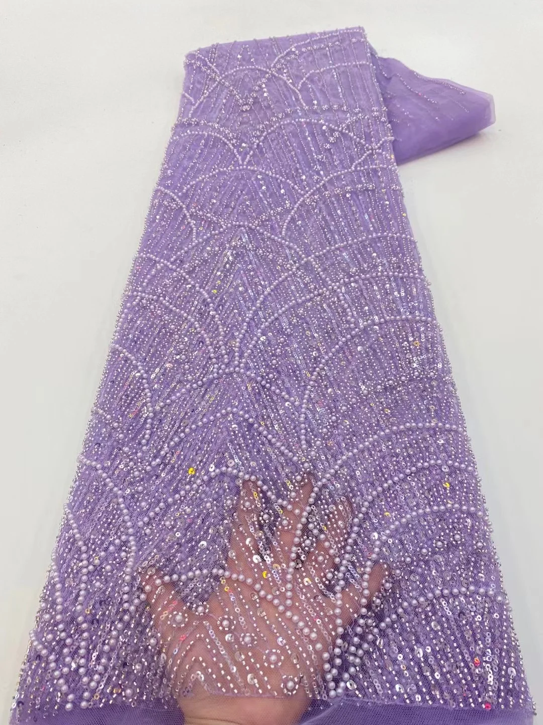 Color: SKY BLUE, Width: 120cm, Length: 5 yards - Wholesale African Sequins Lace Fabric  French Embroidery High Quality Luxury Heavy Beaded Bridal Wedding Lace 5 yards