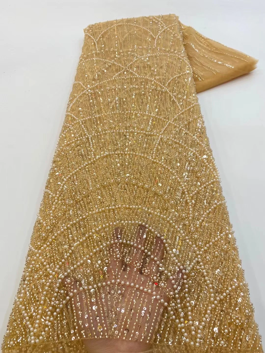 Color: SKY BLUE, Width: 120cm, Length: 5 yards - Wholesale African Sequins Lace Fabric  French Embroidery High Quality Luxury Heavy Beaded Bridal Wedding Lace 5 yards