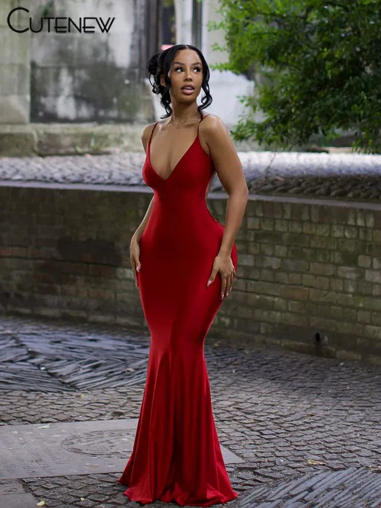 Color: Red, Size: S - Nibber Red Shiny Spaghetti Strap Maxi Dress Women Solid Sexy Backless Ruched Cleavage Body-shaping Robe Lady Hipster Streetwear