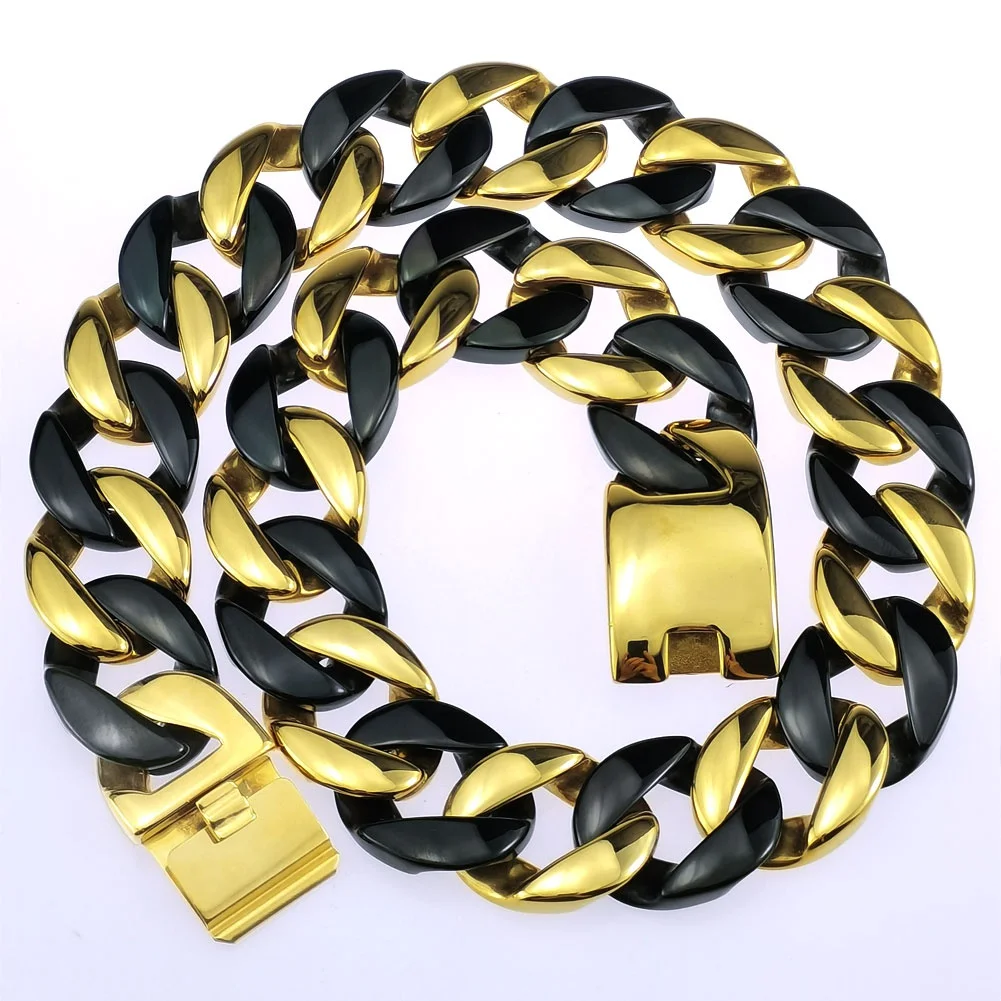Length: 70cm, Main Stone Color: GRAY - 316L Stainless Steel  and Black Tone Curb 24mm Solid Heavy Long Necklace + Bracelet Jewelry