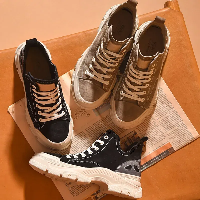 Color: Brown, Shoe Size: 6 - BeauToday Casual Sneakers Women Suede Leather Round Toe Lace-Free High Top Ladies Retro Fashion Flat Shoes Handmade 29575
