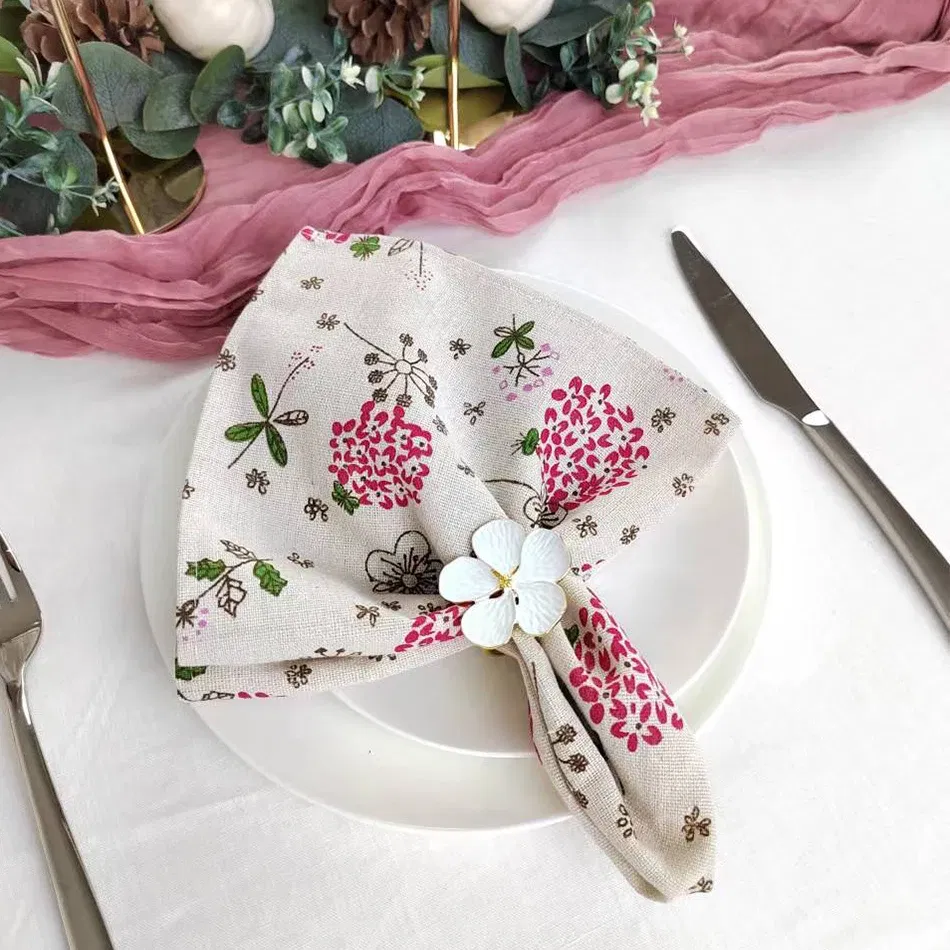 Color: Light Grey - 4PCS 40x40CM Floral Printed Cloth Napkins Japanese Style Dinner Dish Towel Wedding Restaurant Bar Table Mat serviette de table