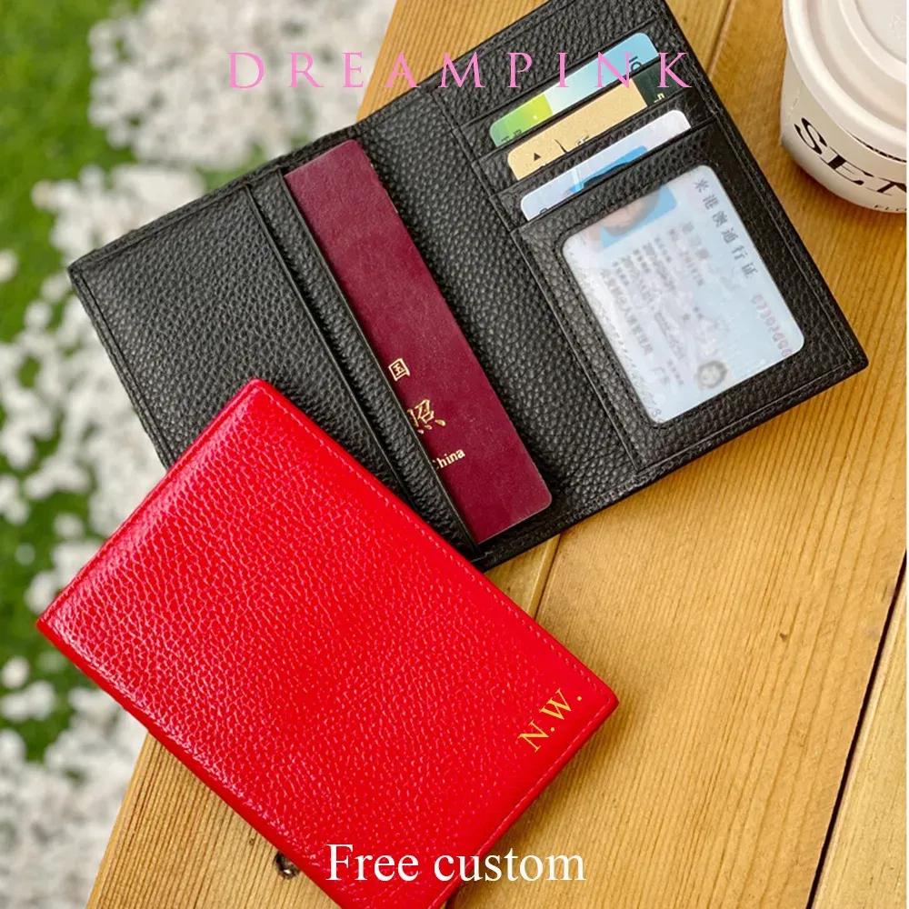 Color: Yellow - 100% Cowhide Passport Holder Factory Genuine Leather Engrave Letters Men Women Passport Cover Customized Name Travel Card Wallet