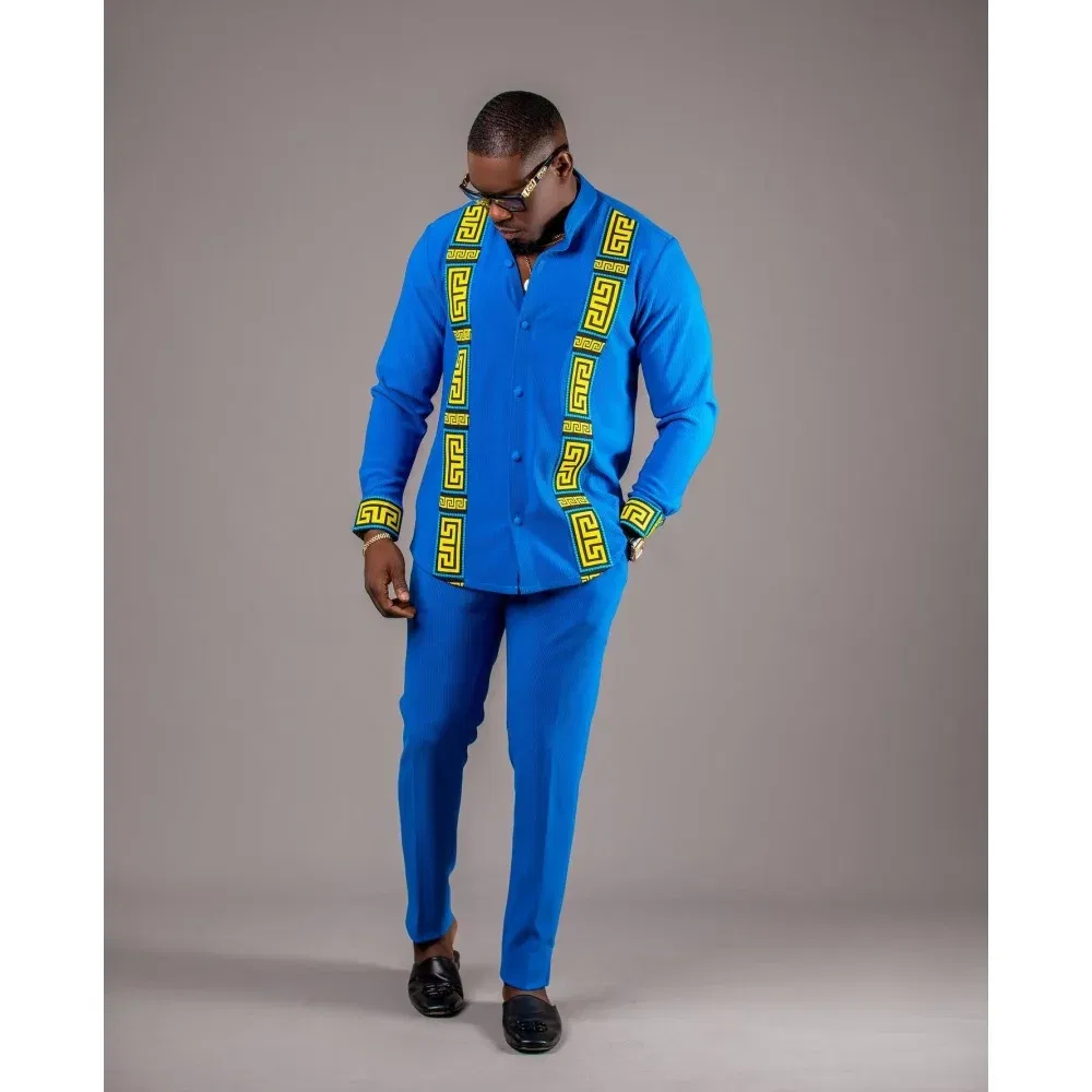 Color: Fuchsia, Size: XXL - New Kaunda Boutique Men's Set Fashionable Red Luxury Grand Round Neck Embroidery Slim Fit Two Piece Wedding Festival Set