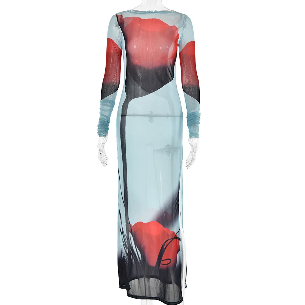 Color: Beige, Size: 3XS - Y2K Women Dress Long Sleeve Transparent Sexy Robe Vacation Beach Dresses Evening Party Dress Up Split Skirt Female Clothing