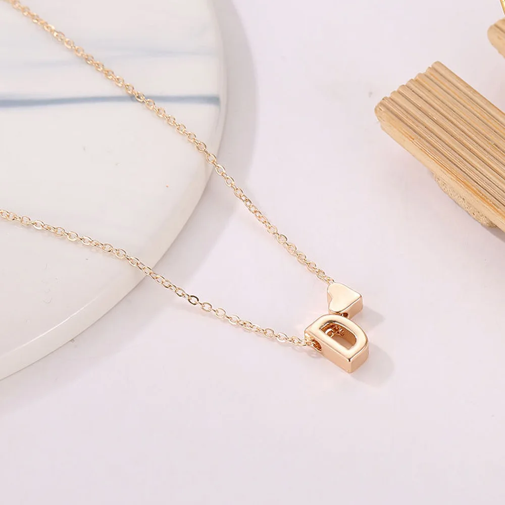 Metal Color: RED-BROWN, Main Stone Color: Watermelon red - Fashion Tiny Heart Dainty Initial Necklace Gold Color Letter Name Choker Necklace For Women Pendant Jewelry Gift