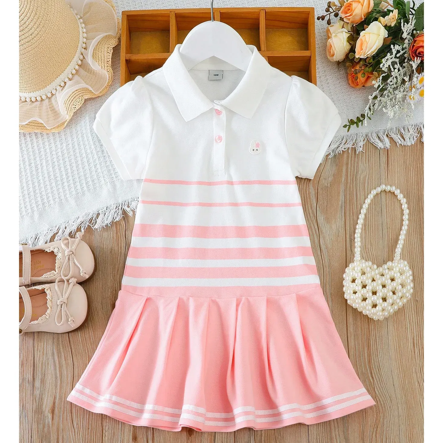 Color: Pink, Kid Size: 4 - Girls' Fashion Polo Dress with Stripes Kids Elegant Puffed Sleeves Clothes Baby Girls Summer Dresses