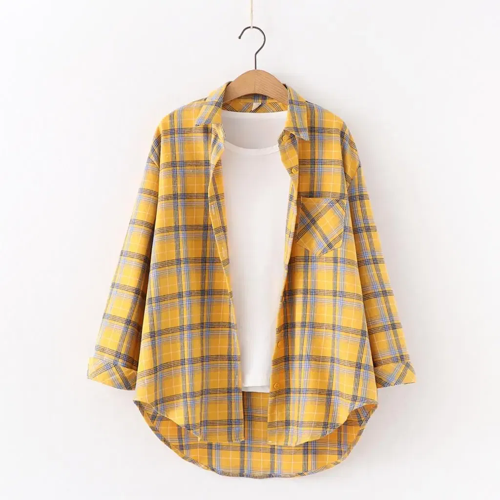 Color: green, Size: XS - Fresh Flannel Plaid Shirt Women 2024 New Female Blouses and Tops Cotton Loose Long Sleeve Casual Shirts Fine Women's Clothes