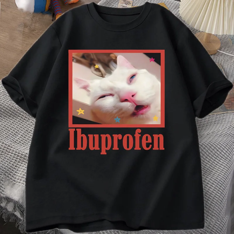 Color: SKY BLUE, Size: S - Ibuprofen Cat Meme Tshirt Funny Cat Graphic Tee Cute Cat Lover Cotton T-Shirt Casual Funny T Shirts Unisex Oversized Tshirt Tee