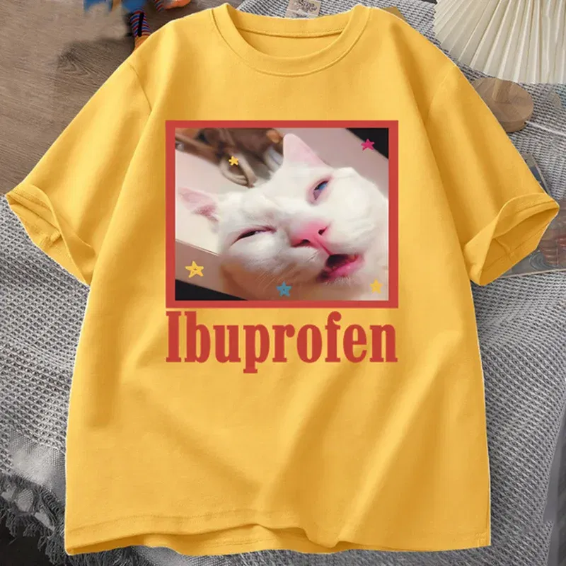 Color: SKY BLUE, Size: S - Ibuprofen Cat Meme Tshirt Funny Cat Graphic Tee Cute Cat Lover Cotton T-Shirt Casual Funny T Shirts Unisex Oversized Tshirt Tee