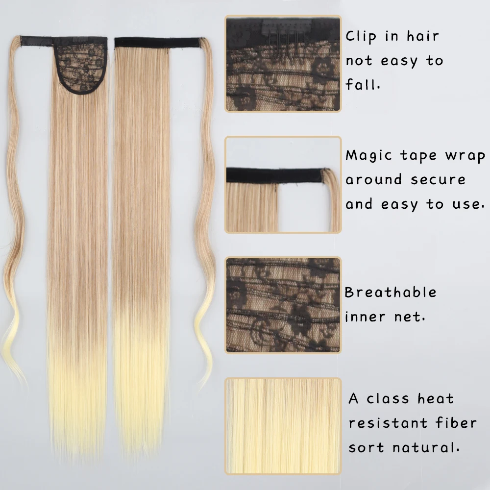 Color: T1B/4/30, Stretched Length: 34inches - AZQUEEN Straight Synthetic Hairpiece With Ponytail 85cm Super Long Wrap Around Clip In Hair Extensions Pony Tail For Daily Wear
