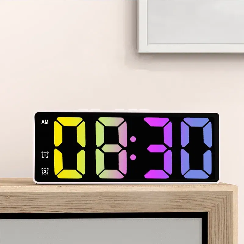 Color: WHITE - LED Alarm Clock Electronic Student Digital Clock Voice Control Dual Snooze 12/24H Dual Alarms Temperature Mute Table Clock