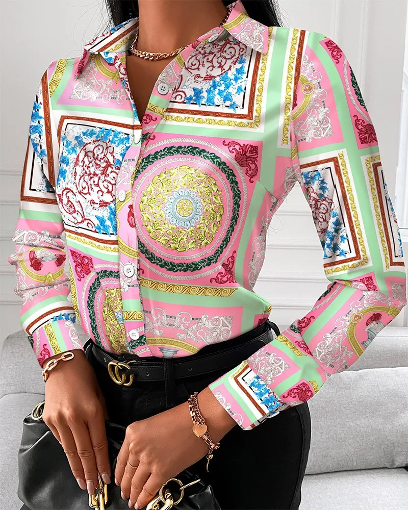 Color: Pink, Size: XL - Women Fashion Wild Shirts Chain/Floral/Letter/Geometric Square Print Turn-Down Collar Long Sleeve Blouses