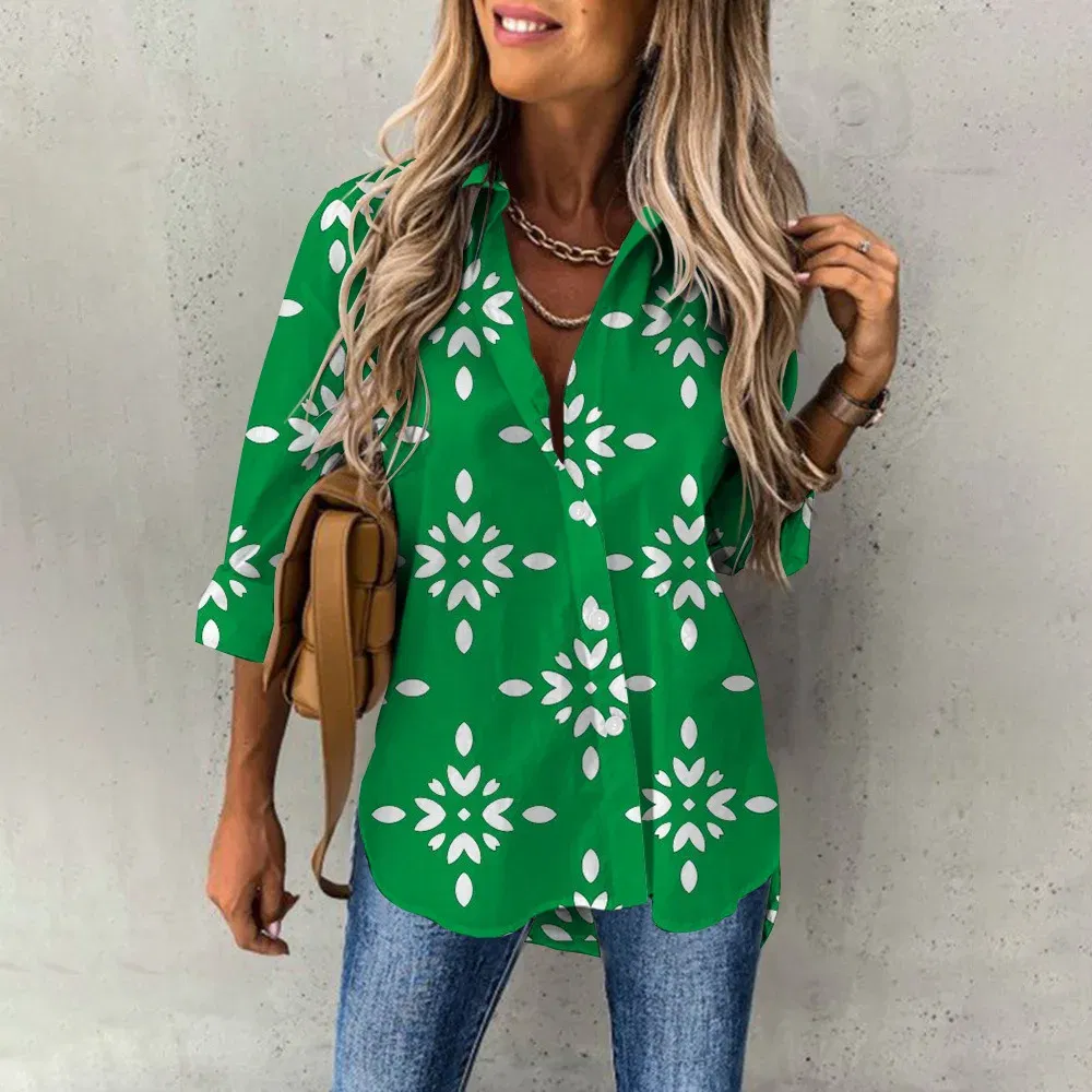 Color: Blue, Size: XL - Ladies Long Sleeved Shirt Vacation Style Coconut Tree 3D Digital Printed Button Up Collar Loose Casual Ladies Blouse 2024 Autumn