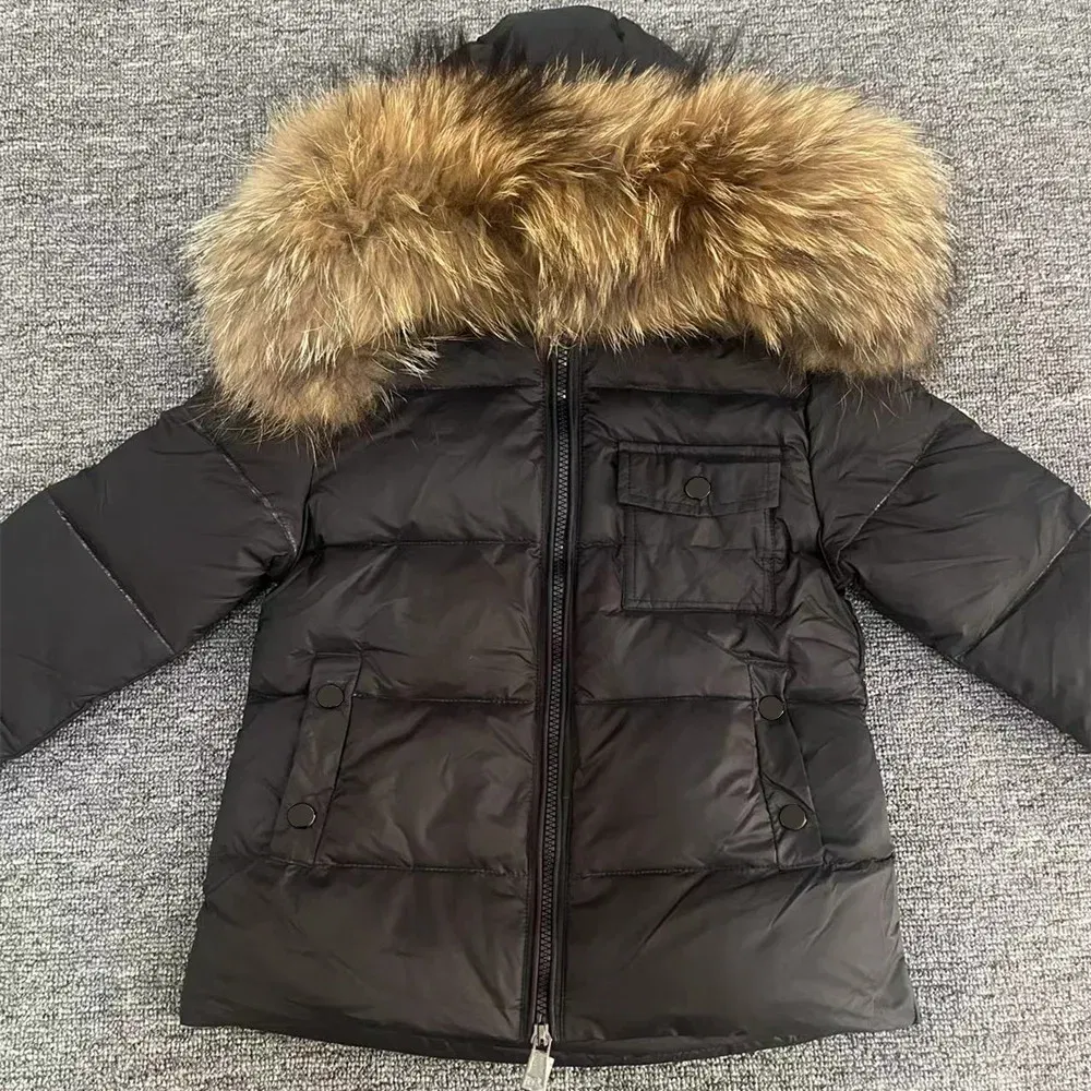 Color: Khaki, Kid Size: 14 - Kids Winter Down Jacket Shiny Real Raccoon Fur Collar Toddler Boys Hooded Coat Baby Girls Warm Snowsuit Children's Parkas