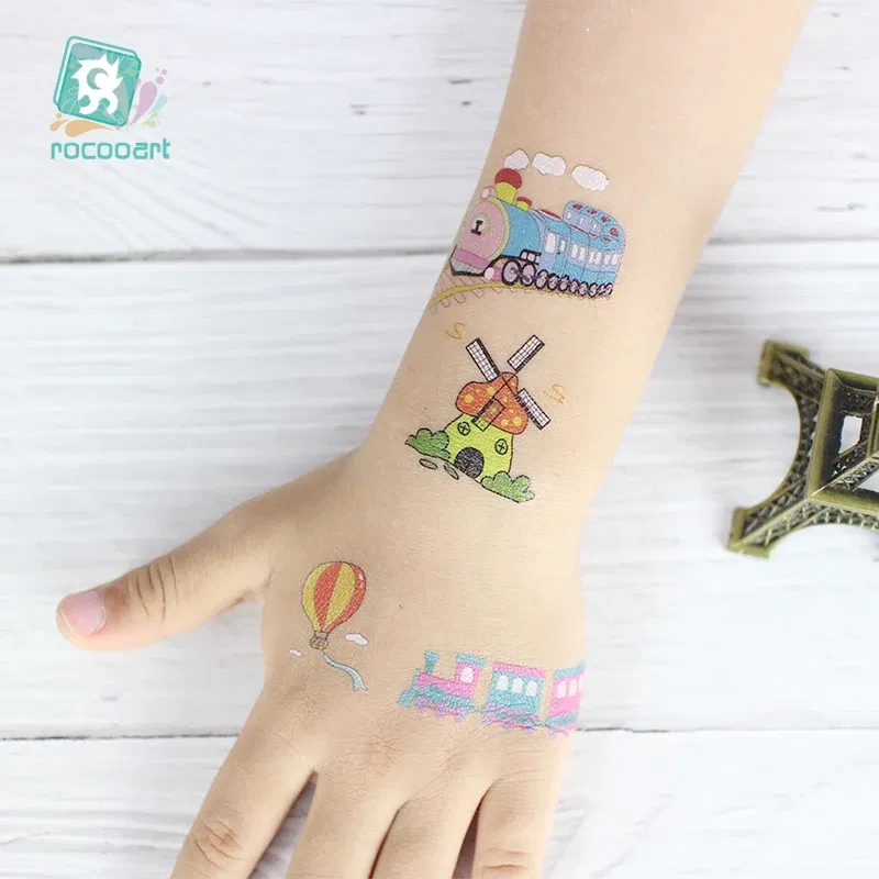 Color: Dark Khaki - 1Sheets Vehicle Temporary Tattoo Small Cars Helicopter Train Steamship Hot Air Balloon Kid  Waterproof  Fake Tattoo Sticker
