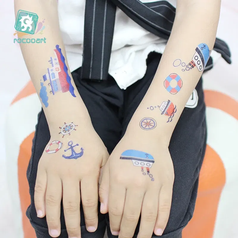Color: Dark Khaki - 1Sheets Vehicle Temporary Tattoo Small Cars Helicopter Train Steamship Hot Air Balloon Kid  Waterproof  Fake Tattoo Sticker