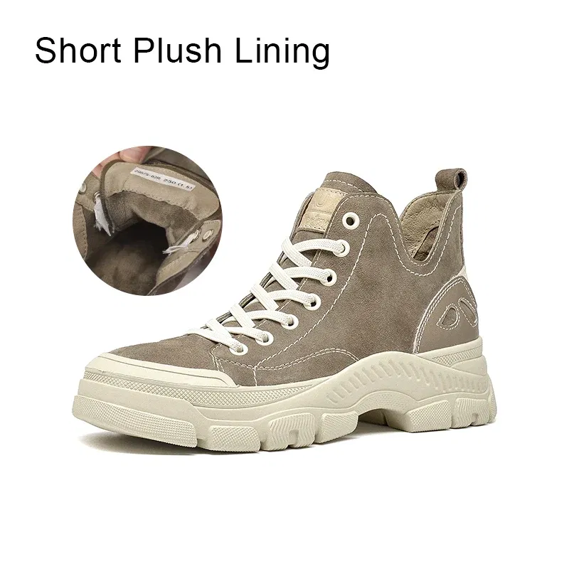 Color: Brown, Shoe Size: 5 - BeauToday Casual Sneakers Women Suede Leather Round Toe Lace-Free High Top Ladies Retro Fashion Flat Shoes Handmade 29575