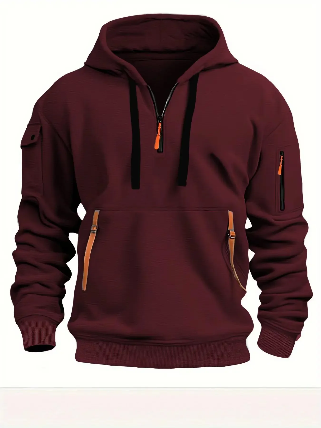 Color: Burgundy, Size: S, Sale by Pack: Pack of 1, Ships From: CHINA - New hoodie men zipper multi pocket hoodie Spring  Winter Fleece Warm Sweatshirt Fashion Streetwear Sports Hoody Solid Pullover