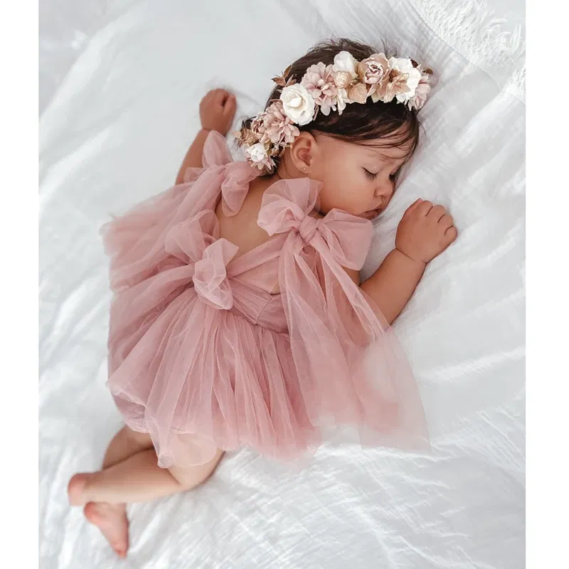 Color: Beige, Kid Size: 2m - 2024 Summer Baby Clothes Infant Girls Party Dress Lace Bodysuits & One-pieces 100-day Photo Dress Baby Photograph Clothing