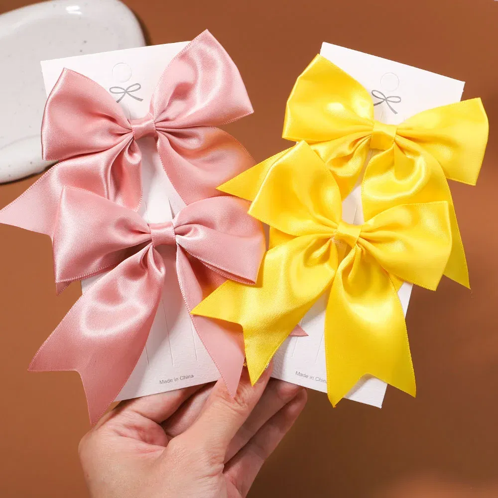 Color: Lavender - 2Pcs/set Delicate Ribbon Cheer Bows Hair Clip for Kids Solid Color Hairpins Barrettes Handmade Headwear Girl Hair Accessories