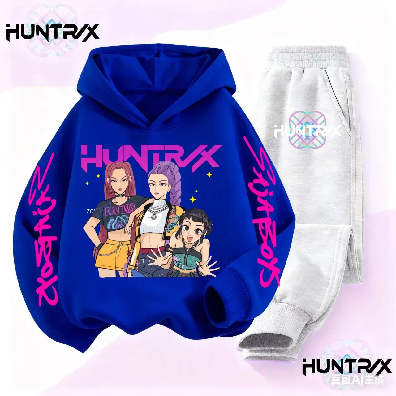 Color: Beige, Kid Size: 3T - 3-14Y Kpop Demon Hunters Hoodie Set Boys Girls Kids Autumn Sportswear Daily Clothes 2025