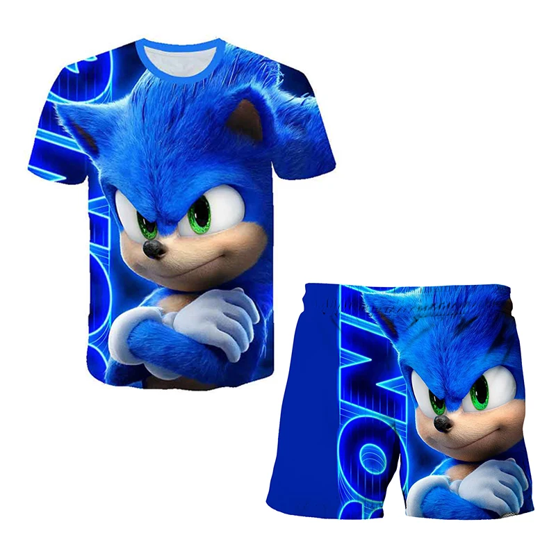 Color: SKY BLUE, Size: M - New Japanese cartoon Sonic T-shirt children's top T-shirt shorts two-piece set summer boy cartoon cute T-shirt+beach pants