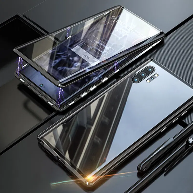 Color: black, Material: leather - Full Wrap Metal Bezel Case For Samsung Galaxy S23 S22 Ultra S21 S20 FE S24 Note 10 20 Lite Plus Double-Sided Glass Back Cover