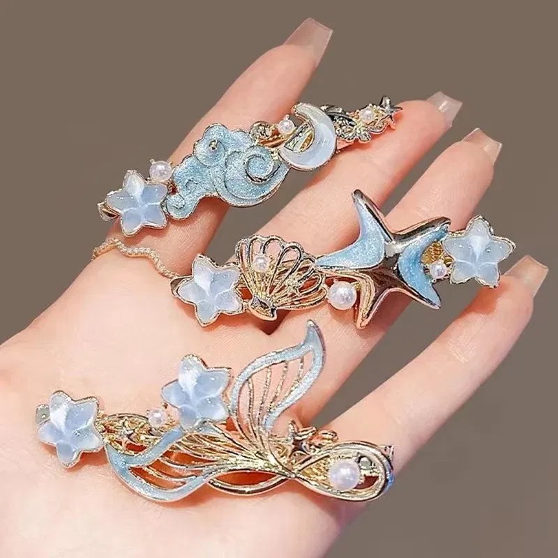 Color: Navy Blue - Dreamy Blue Fishtail Starfish Glaze Duckbill Clip Women Forehead Bangs Barrettes Alloy Side Clip Super Fairy Hair Accessories