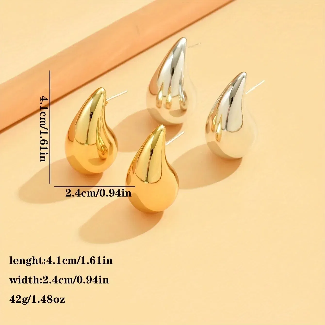Metal Color: Orange - 3 Pair/Set Chunky Gold Plated Waterdrop Hoop Earrings for Women Smooth Multicolour Acrylic Tear Drop Earring Lightweight Jewelry