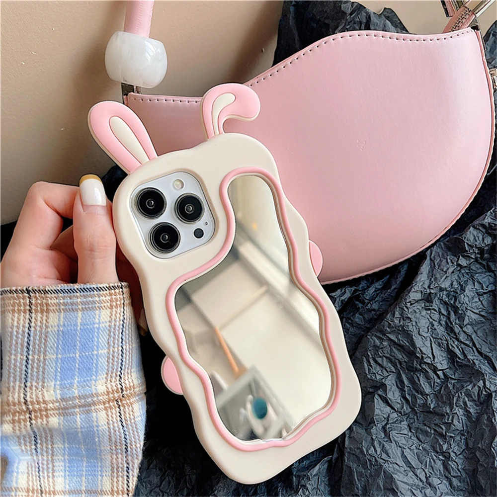 Color: Pink, Material: Neoprene - Cute Bunny Ears Mirror Phone Case For iPhone 15 14 Plus 13 12 11 Pro Max Shockproof Silicone Case