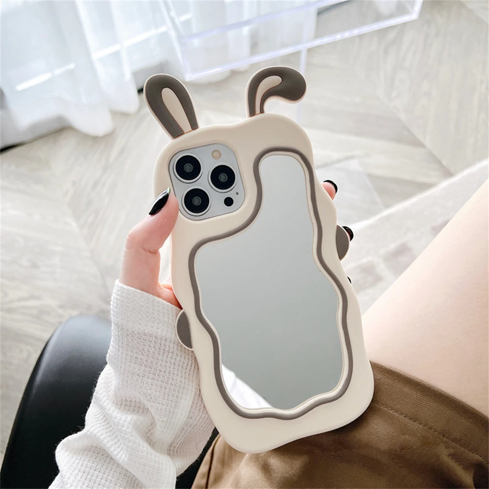Color: Pink, Material: Neoprene - Cute Bunny Ears Mirror Phone Case For iPhone 15 14 Plus 13 12 11 Pro Max Shockproof Silicone Case