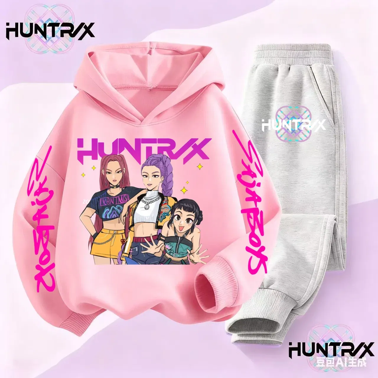 Color: black, Kid Size: 5 - 3-14Y Kpop Demon Hunters Hoodie Set Boys Girls Kids Autumn Sportswear Daily Clothes 2025