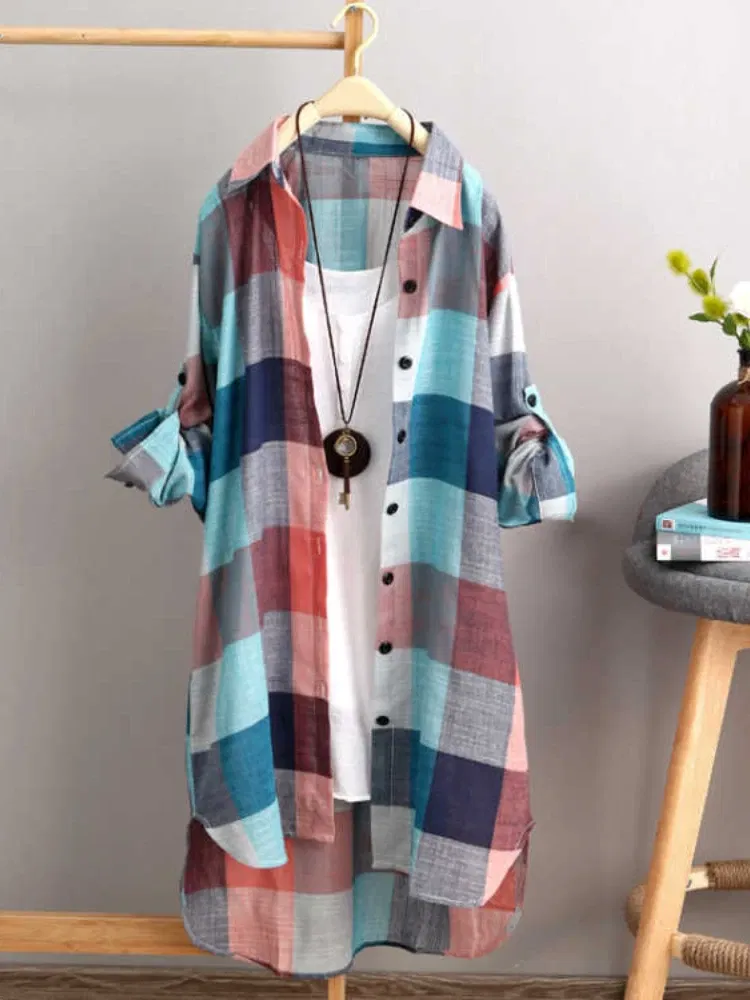 Color: MULTI, Size: XL - Women's Plaid Cotton Shirt Chic Women Blouse Elegant and Youth Women's Blouses New In External Clothes Korean Style