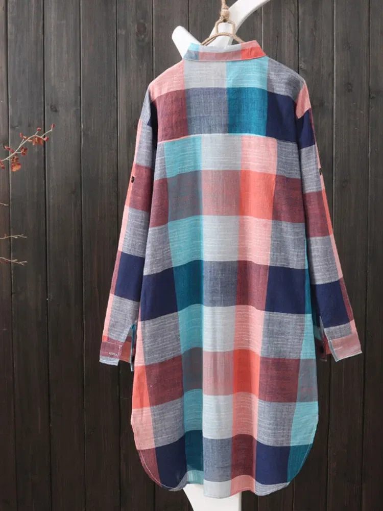 Color: MULTI, Size: XL - Women's Plaid Cotton Shirt Chic Women Blouse Elegant and Youth Women's Blouses New In External Clothes Korean Style