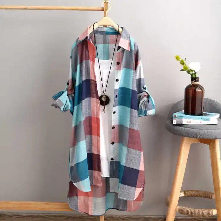 Color: MULTI, Size: XL - Women's Plaid Cotton Shirt Chic Women Blouse Elegant and Youth Women's Blouses New In External Clothes Korean Style