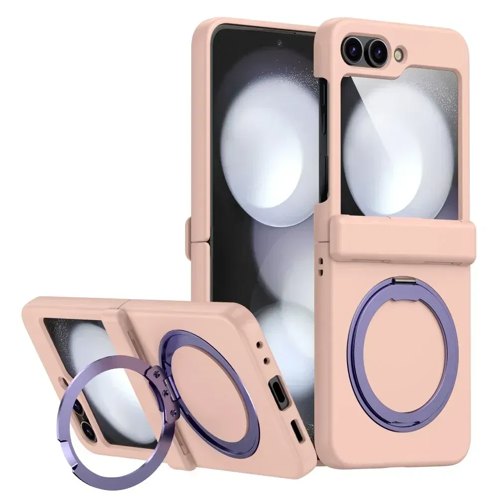 Color: Pink, Material: ABS - For Samsung Galaxy Z Flip 3 5 4 6 Magsafe Case Wireless Charging Hinge All-inclusive Flip Shockproof Hard Magnetic Holder Cover