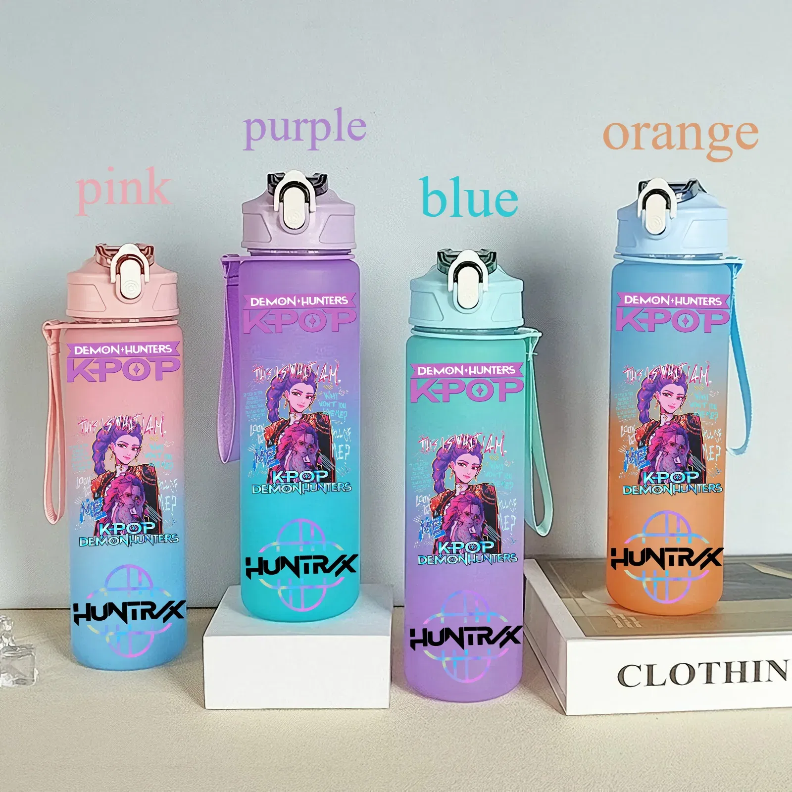 Color: SKY BLUE, Size: 12cm - 750ML K-pop Demon Hunters HUNTR X Rumi Mira Zoey Jinu Celine Kpop Plastic Water Cup K Pop Drinking Bottle School Huntrix Gourde