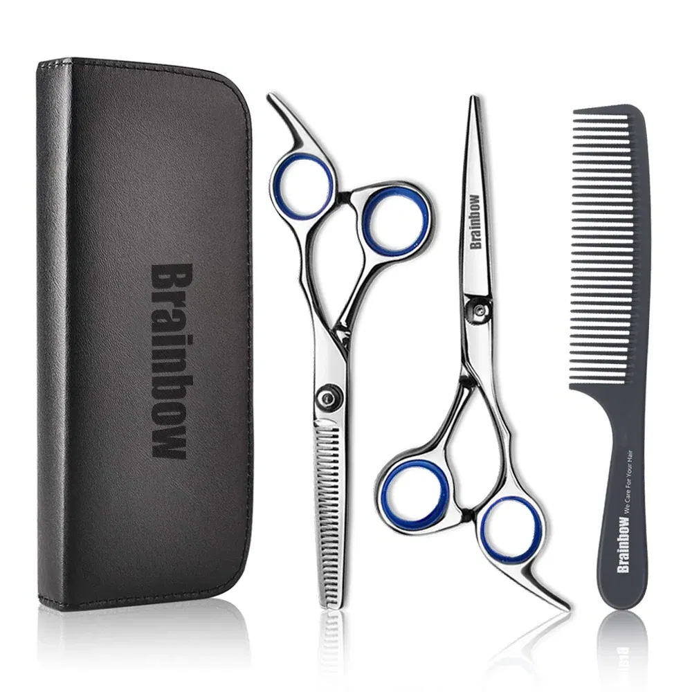 Color: GRAY - Brainbow 6 inch Cutting Thinning  Styling Tool Hair Scissors Stainless Steel Salon Hairdressing Shears Regular Flat Teeth Blades