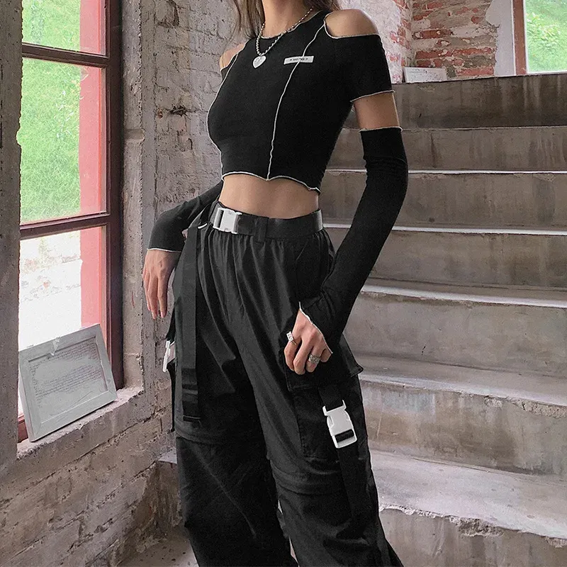 Color: black, Size: S - Patchwork Black T-shirts Gothic One Shoulder Sleeve Y2k Crop Tops Ruffles Hem Hip Hop Techwear Women Tees