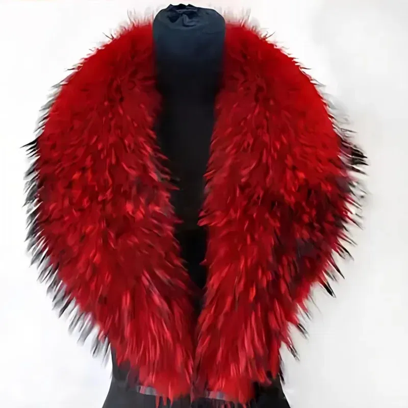 Color: Red, Size: L - Winter Real Fox Fur Collar Woman Furry Natural Raccoon Fur Scarf Shawls Luxury Neck Warmer Wraps For Coat Fur Scarves Large Size
