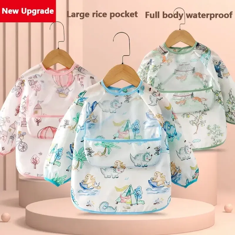 Size: M, Color: Blue - Baby Food Overalls Waterproof and Dirt-proof CHILDREN'S Apron Bib Spring and Autumn Girl Treasure Boy Baby Wash Back Wear Protec