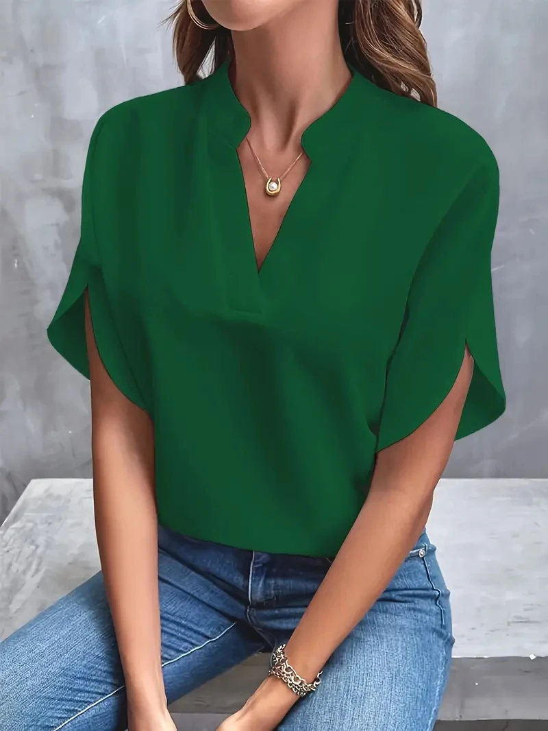Color: Yellow, Size: XXL - Women Elegant Solid Chiffon Blouse Spring Summer Casual Long Sleeve V Neck Loose Shirt Office Lady Tunics Oversized Tops 2024