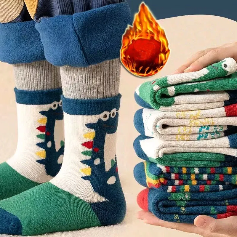 Color: Brown, Size: 10-12T - Children's Winter Socks 5 Pairs Student's Thick Cotton Socks Boys Warm Winter Socks Cartoon Racing Car Pattern