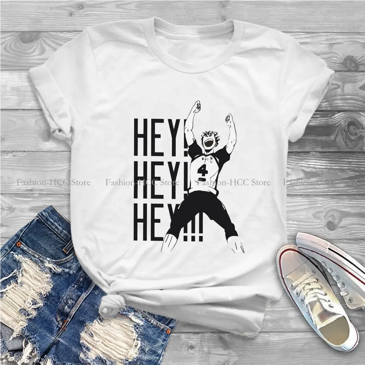 Color: black, Size: L - Haikyuu Cartoon Anime Polyester TShirts Bokuto Kotaro Hey Hey Hey Print Men's T Shirt New Trend Clothing