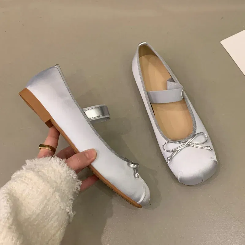 Color: SKY BLUE, Shoe Size: 37 - 2023Luxury Satin Silk Ballet Shoes Woman Classic Square Toe Bowtie Elastic Band Ballerina Flats Ladies Soft Loafers