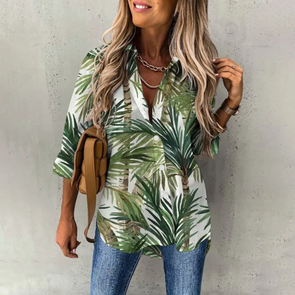 Color: Khaki, Size: S - Ladies Long Sleeved Shirt Vacation Style Coconut Tree 3D Digital Printed Button Up Collar Loose Casual Ladies Blouse 2024 Autumn